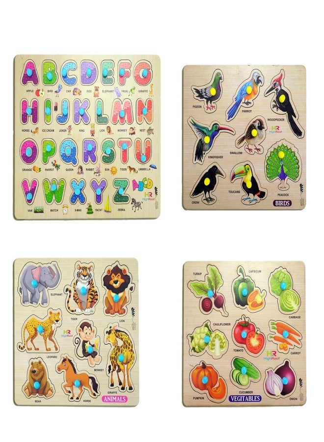 HIGHROOF® Kids Fort Pre Nursery Educational Jigsaw Puzzles for Adults Kids Learning Toys Kit Board Game 4 pcs Set of ABCD Alphabets, Birds Animals Vegetables Educational Toy - Image 1